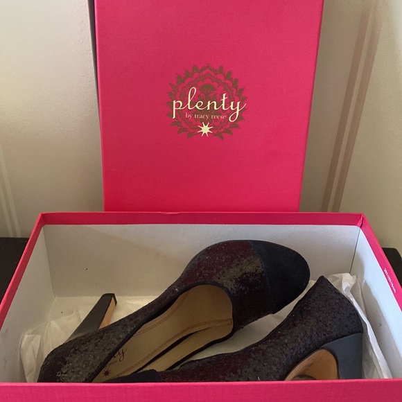 ANTHROPOLOGIE black glitter heels with suede cap toe Plenty by Tracy Reese - Picture 9 of 9